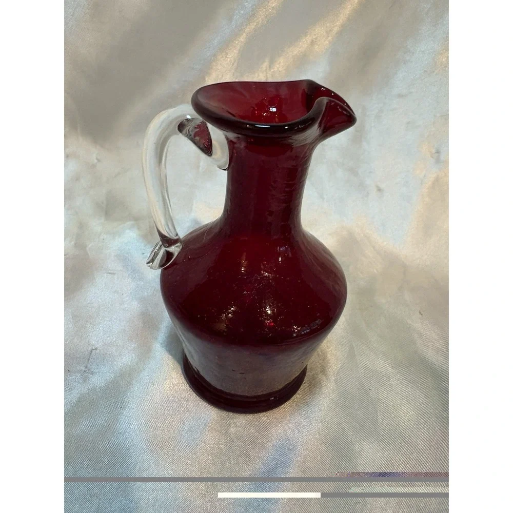 Vtg Hand Blown Ruby Red Glass Mini Pitcher With Clear Glass Handle